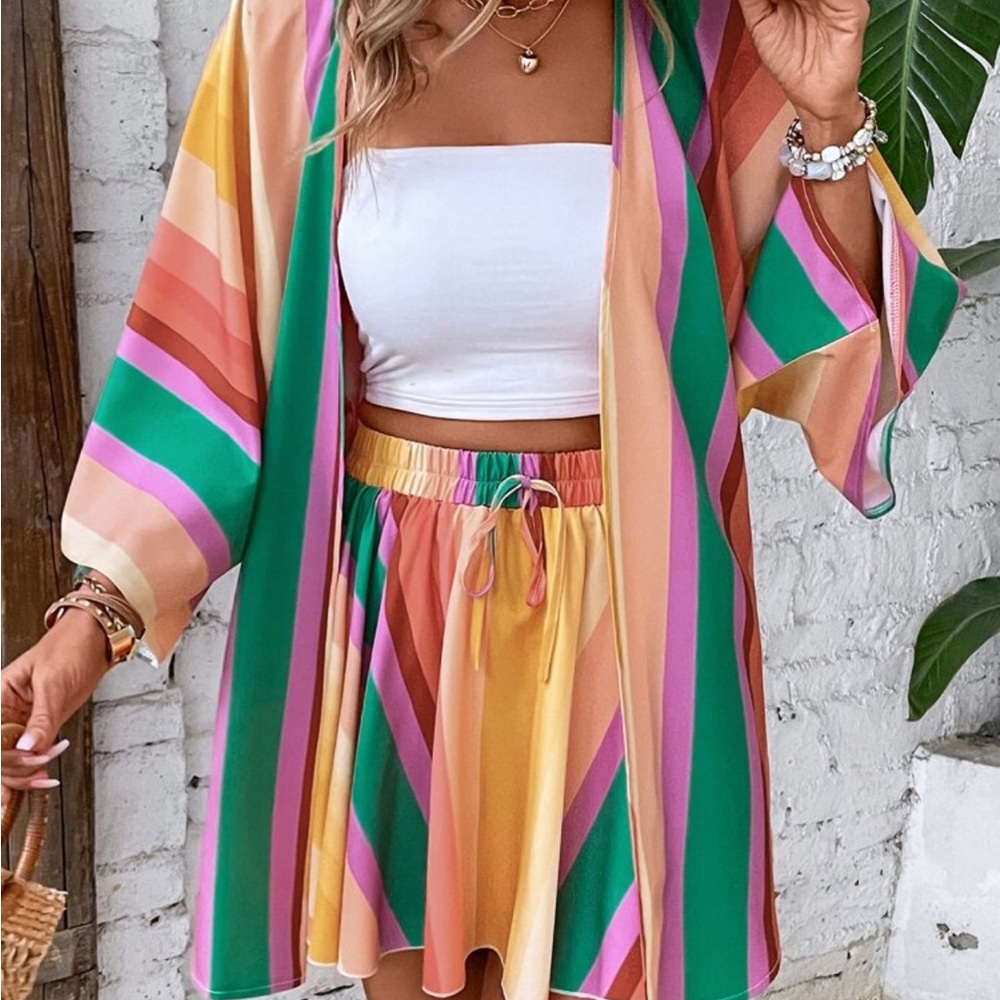 Colorful Striped Kimono and Skirt Set